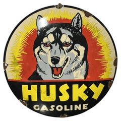 Mid Century Husky Gasoline Vitreous Enamel Circular Advertising Sign