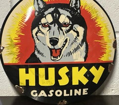 Mid Century Husky Gasoline Vitreous Enamel Circular Advertising Sign