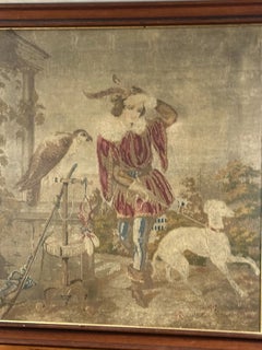 Antique Woolwork Needlepoint Picture of a Falconer and Hunting Hound, Framed
