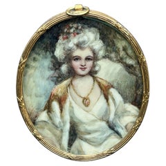 Antique Oval Portrait Miniature of a Young Lady in Chased Gilt Metal Frame