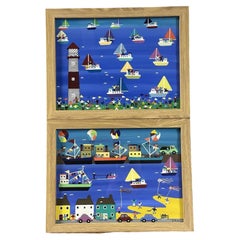 Pair of Gordon Barker Naive Coastal Maritime Paintings, Acrylic on Board