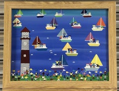 Pair of Gordon Barker Naive Coastal Maritime Paintings, Acrylic on Board