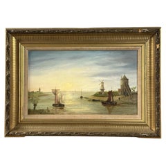 W. Williams, Paesaggio fluviale marittimo con mulini a vento, olio su tela