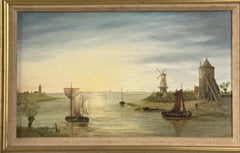 W. Williams, Paesaggio fluviale marittimo con mulini a vento, olio su tela