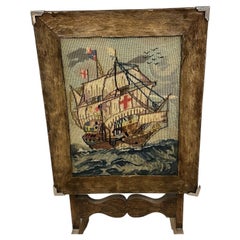 Antique Oak Folding Firescreen and Needlework Table with Galleon Tapestry