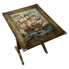 Antique Oak Folding Firescreen and Needlework Table with Galleon Tapestry