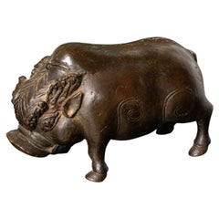 Antique Chinese Cast Bronze Wild Boar Figure with Incised Scrollwork