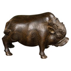 Antique Chinese Cast Bronze Wild Boar Figure with Incised Scrollwork