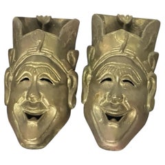 Pair of Antique Cast Bronze Theatrical Mask Wall Plaques in the Japonisme Style