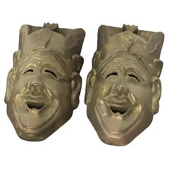 Pair of Antique Cast Bronze Theatrical Mask Wall Plaques in the Japonisme Style