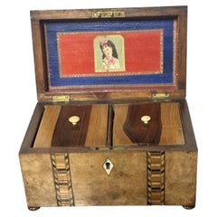 Antique Victorian Tunbridge Ware Burr Wood Tea Caddy with Twin Compartments
