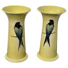 Antique Pair of Ault Pottery Flared Ceramic Vases Painted with Facing Swallows