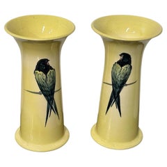 Antique Pair of Ault Pottery Flared Ceramic Vases Painted with Facing Swallows