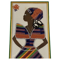 Mid Century Pair African Textile Collage Portraits of Women in Traditional Dress