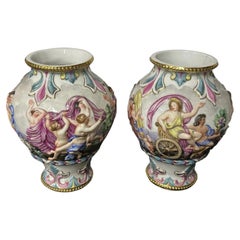 Antique Pair of Italian Capodimonte Relief-Moulded Porcelain Vases, c.1900