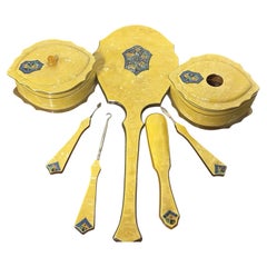 Art Deco Yellow Bakelite Dressing Table Vanity Set, Seven Pieces