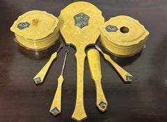Art Deco Yellow Bakelite Dressing Table Vanity Set, Seven Pieces