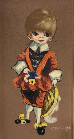 Strickland Signed Mid Century Oil Painting, Elizabethan Kid Series Big Eyes Boy