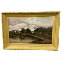 Phil Stanmore, grande dipinto ad olio su tela d'epoca, "Godalming Bridge, Surrey"