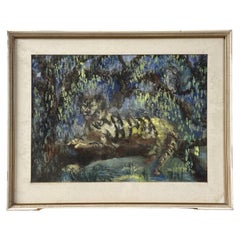 Mary Hamilton Mack Framed Watercolour of a Tiger in a Tree Canopy