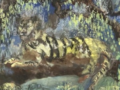Mary Hamilton Mack Framed Watercolour of a Tiger in a Tree Canopy