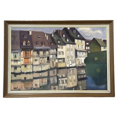 Edwina Burbidge - Case sul fiume, Francia, dipinto a olio su tela incorniciato