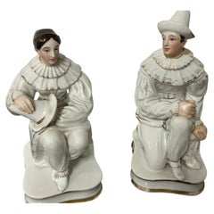Antique Pair of Continental Porcelain Pierrot and Pierrette Figural Inkwells