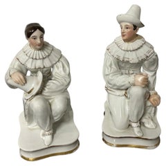 Antique Pair of Continental Porcelain Pierrot and Pierrette Figural Inkwells