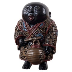 Antique Japanese Carved Wood and Polychrome Lacquer Netsuke of a Laughing Karako