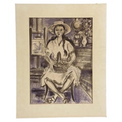 Irène Pagès Limited Edition French Lithograph of a Seated Girl with Basket 62/70