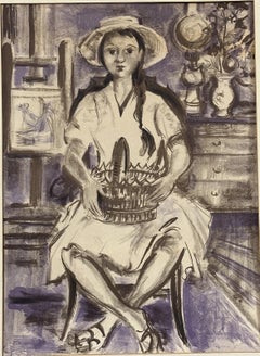 Irène Pagès Limited Edition French Lithograph of a Seated Girl with Basket 62/70