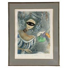 Mixed Media Masquerade Study Painting Titled Maschere, Indistinctly Signed