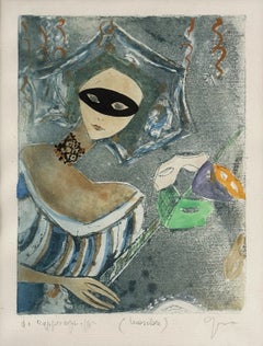 Mixed Media Masquerade Study Painting Titled Maschere, Indistinctly Signed