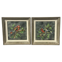 Pair of Vintage French Ardéco Vallauris Framed Glazed Ceramic Bird Tiles