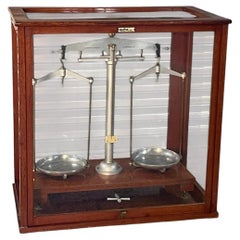 Large Antique L. Oertling Precision Balance Scales in Glazed Mahogany Case