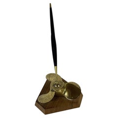 Parker Nautical Maritime Brass Propeller Desk Pen Set on Shaped Wood Plinth