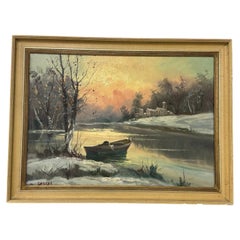 Giuseppe Carosi: Ölgemälde „Winterlicher Sonnenuntergang am Fluss“ im Mid-Century-Stil