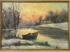 Giuseppe Carosi: Ölgemälde „Winterlicher Sonnenuntergang am Fluss“ im Mid-Century-Stil