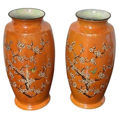 Pair of Carlton Ware Art Deco Japanese Blossom Orange Lustre Vases