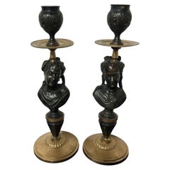 Antique Pair of Empire Style Patinated Bronze and Ormolu Figural Candlesticks