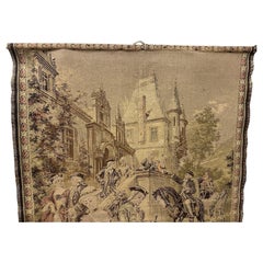 Mid Century French Woven Wall Hanging Tapestry, Château Courtyard Scene