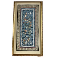 Antique Pair of Framed Chinese Embroidered Silk Panels, Birds and Blossom