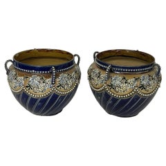 Antique Pair of Doulton Lambeth Four-Handled Floral Stoneware Jardinieres