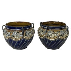 Antique Pair of Doulton Lambeth Four-Handled Floral Stoneware Jardinieres