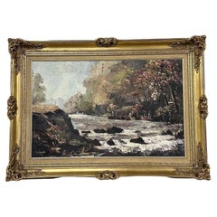 C Layland – « Woodland River Rapids » : grande peinture à l'huile sur panneau représentant un paysage