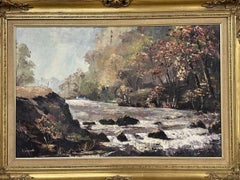 C Layland – « Woodland River Rapids » : grande peinture à l'huile sur panneau représentant un paysage