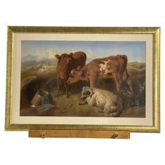 D'après George W. Horlor, grande chromolithographie encadrée représentant des veaux et des moutons