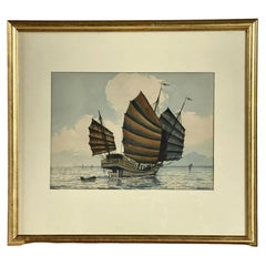 Abu Bakar Ibrahim Framed Seascape Watercolour of a Chinese Junk