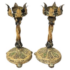 Antique Pair of Hand-Painted Brass Candlesticks with Twisted Stems, Stamped FRW