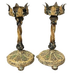 Antique Pair of Hand-Painted Brass Candlesticks with Twisted Stems, Stamped FRW